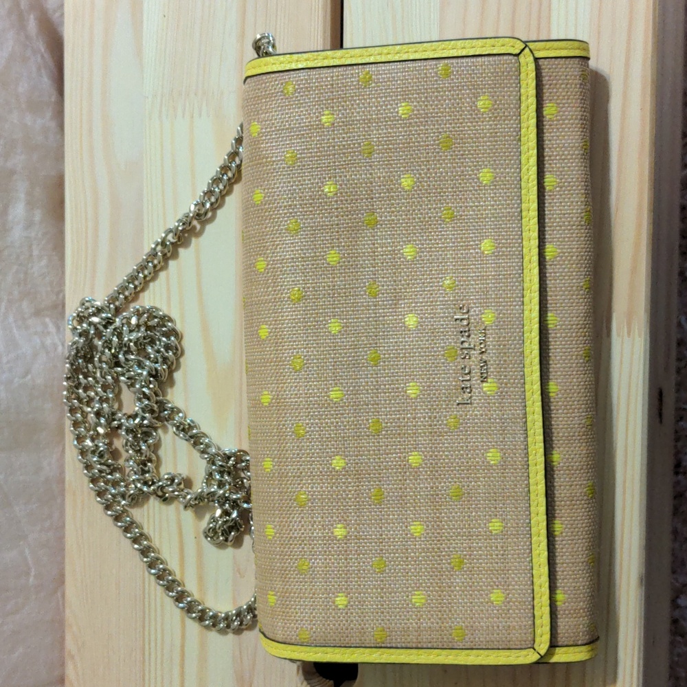 Kate Spade yellow polka dot cross body clutch